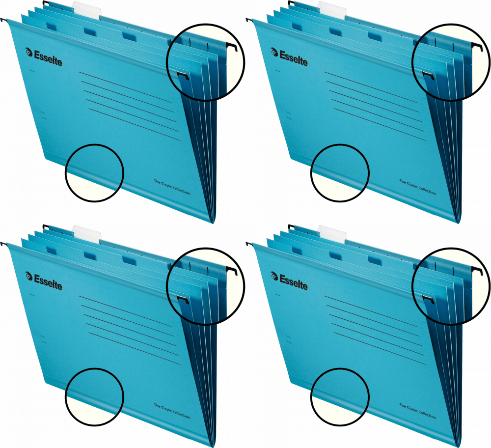 4x Teczka zawieszkowa kartonowa Esselte Classic, z przekładkami, A4, 330x245mm, 210g/m2, niebieski