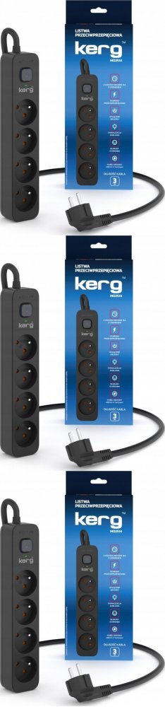 3x Listwa przeciwprzepięciowa Kerg, 3m, 4 gniazda, czarny