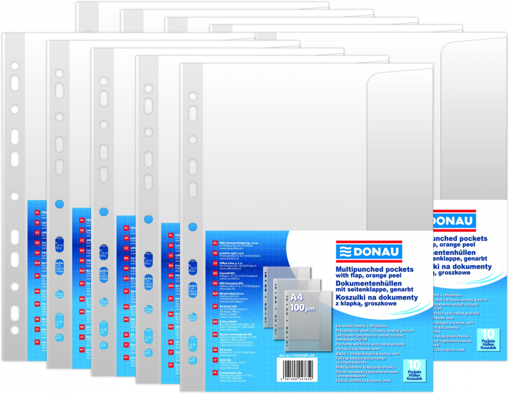 10x koszulki groszkowe Donau, z klapką, A4, 100μm, 10 sztuk, transparentny matowy