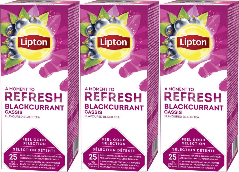 3x Herbata czarna smakowa w kopertach Lipton Classic Blackcurrant, czarna porzeczka, 25 sztuk x 1.6g