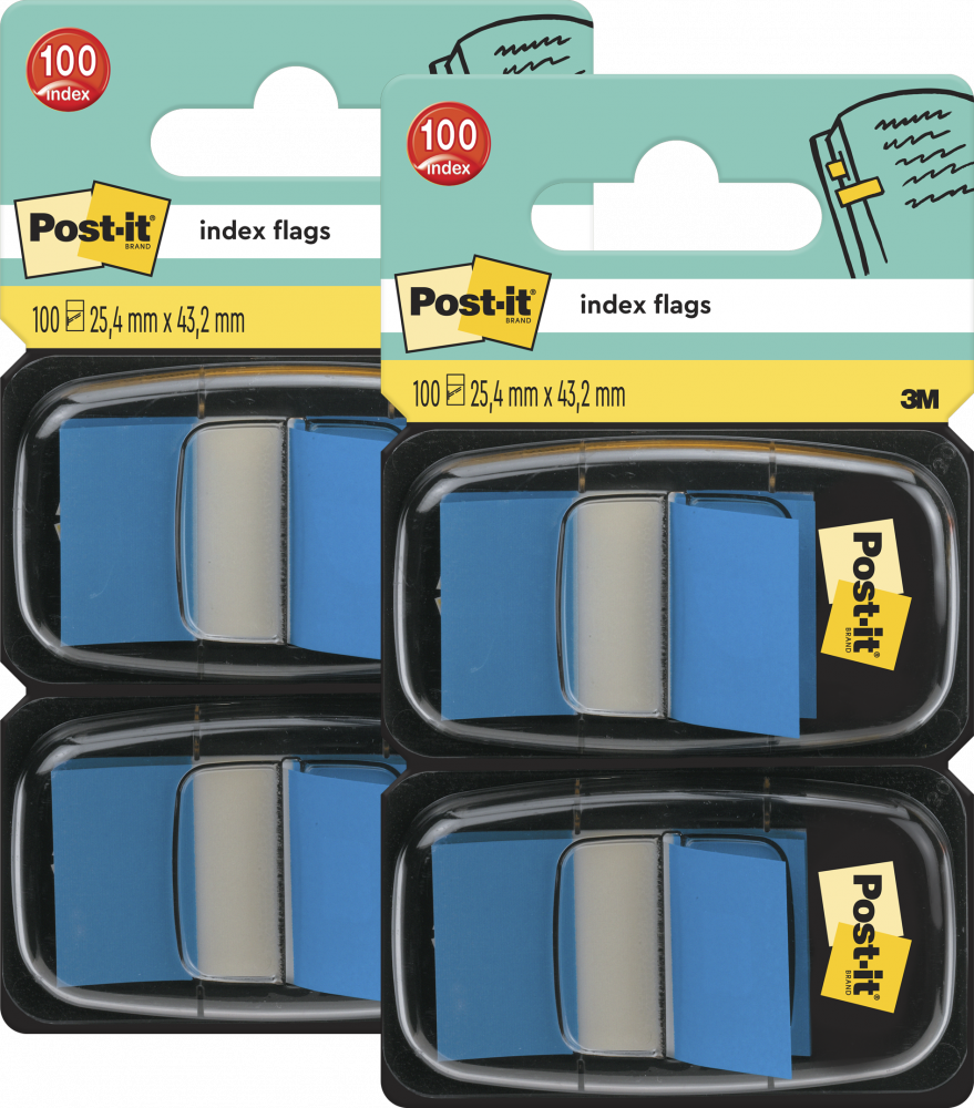 2x Zakładki samoprzylepne Post-it (680-B2EU), proste, indeksujące, folia, pótransparentne, 25.4x43.2mm, 2x50 sztuk, niebieski