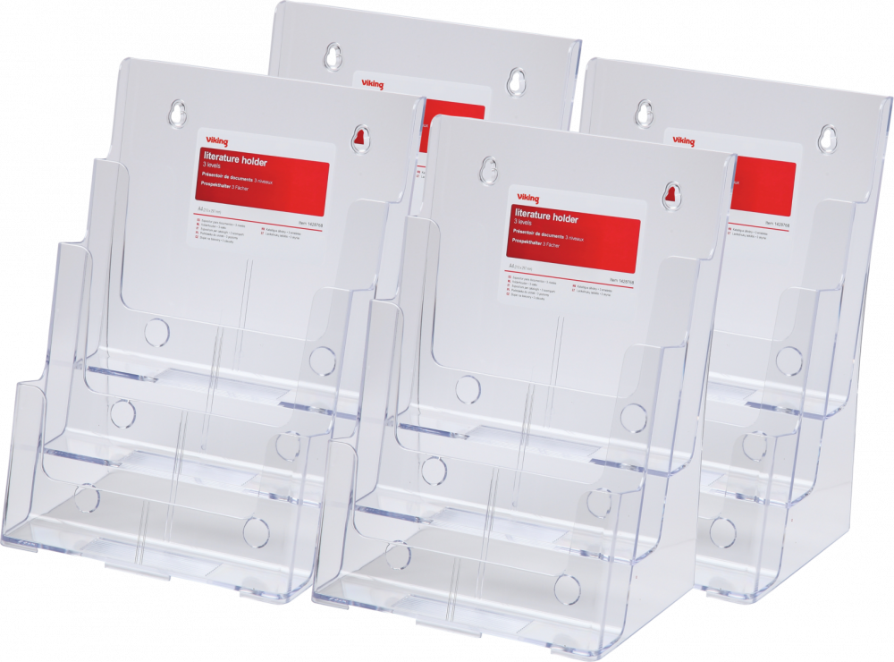 4x Stojak na prospekty Viking, A4, 3 kieszenie, przezroczysty