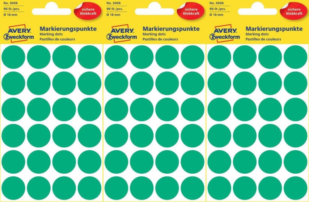 3x Etykiety Avery Zweckform, okrągłe, średnica 18mm, 96 sztuk, zielony