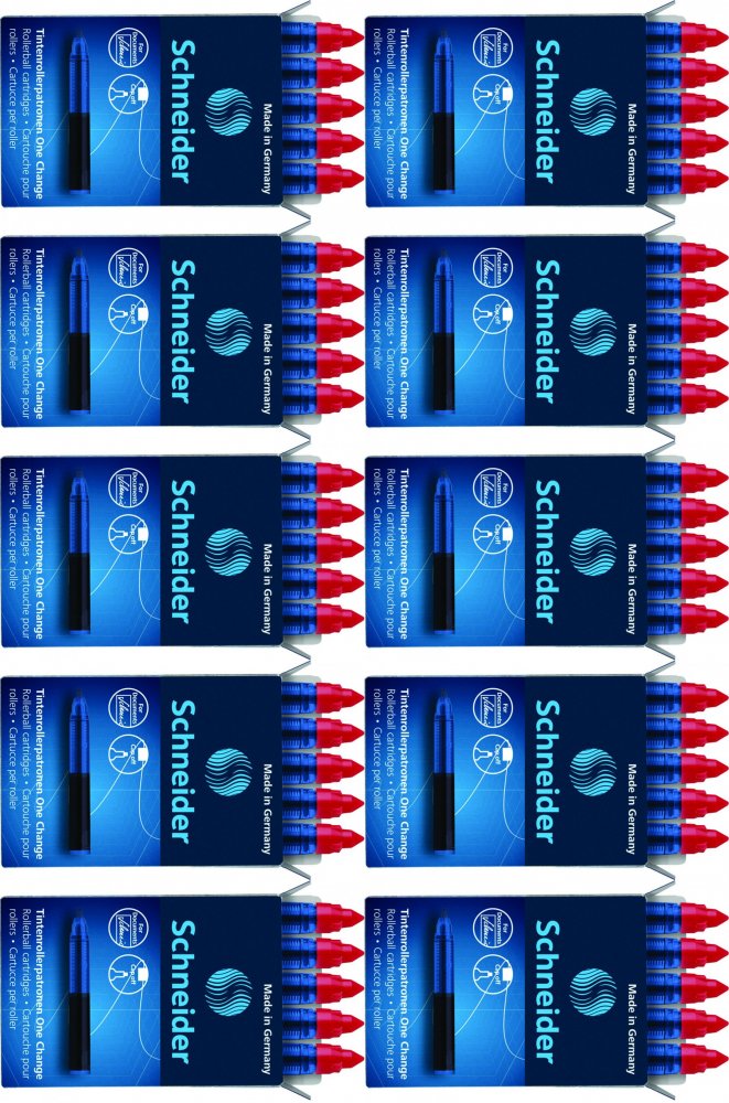10x Kartridże Schneider One Change, do piór kulkowych, 0.6mm, 5 sztuk, czerwony