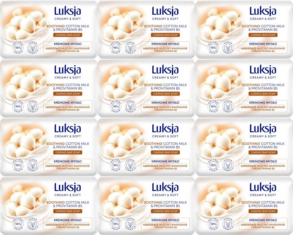 12x Mydło w kostce Luksja Cotton, mleczko bawełniane i prowitamina B5, 100g