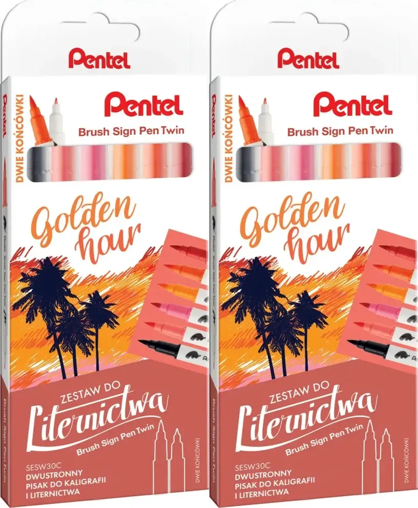 2x Pisaki do kaligrafii i liternictwa Pentel Brush Sign Pen Twin SESW30C Golden Hour, dwustronne, 6 sztuk, mix kolorów