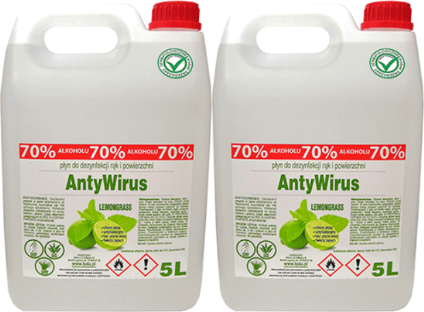 2x Płyn do dezynfekcji rąk i powierzchni Kala AntyWirus Lemongrass, 70% alk., 5l