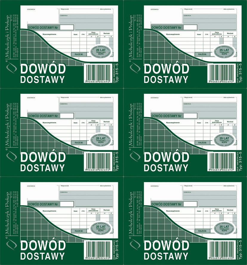 6x Druk akcydensowy Dowód dostawy MiP 315-5, A6, wielokopia, 80k