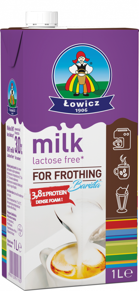Mleko UHT do spieniania Łowicz, bez laktozy, 3% tłuszczu/ 3.8% białka, 1l