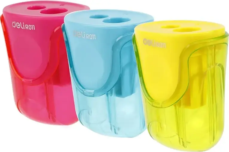 3x Temperówka Deli, z pojemnikiem, 2 otwory, 1 sztuka, mix kolorów