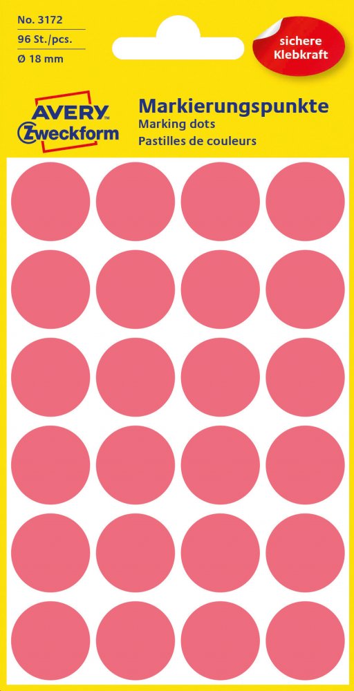 Etykiety Avery Zweckform, okrągłe, średnica 18mm, 96 sztuk, czerwony odblaskowy