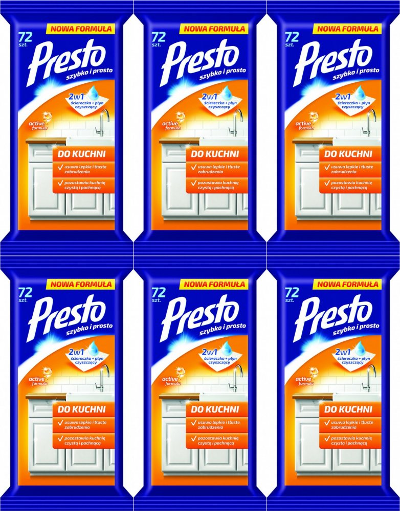 6x Chusteczki do czyszczenia kuchni Presto, nawilżone, 72 sztuk