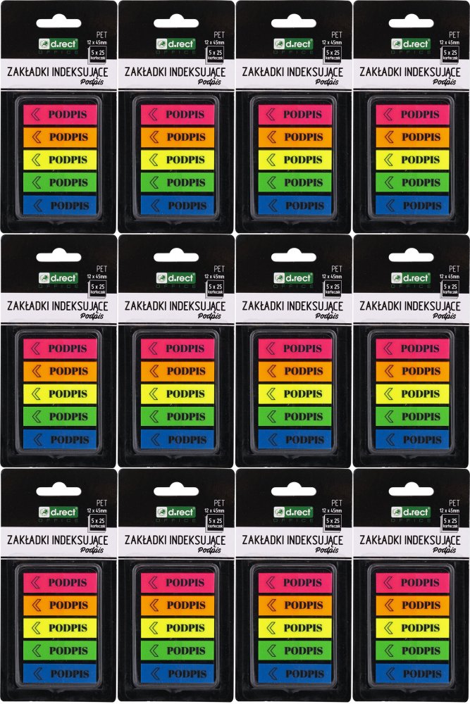 12x Zakładki samoprzylepne D.Rect, z nadrukiem "podpis", indeksujące, folia PET, 12x45mm, 5x25 sztuk, mix kolorów neonowych