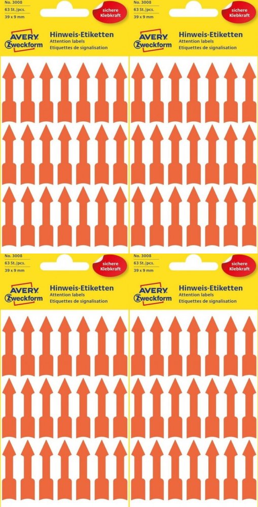 4x Etykiety ostrzegawcze Avery Zweckform, strzałki, 39x9mm, 63 sztuk, pomarańczowy odblaskowy