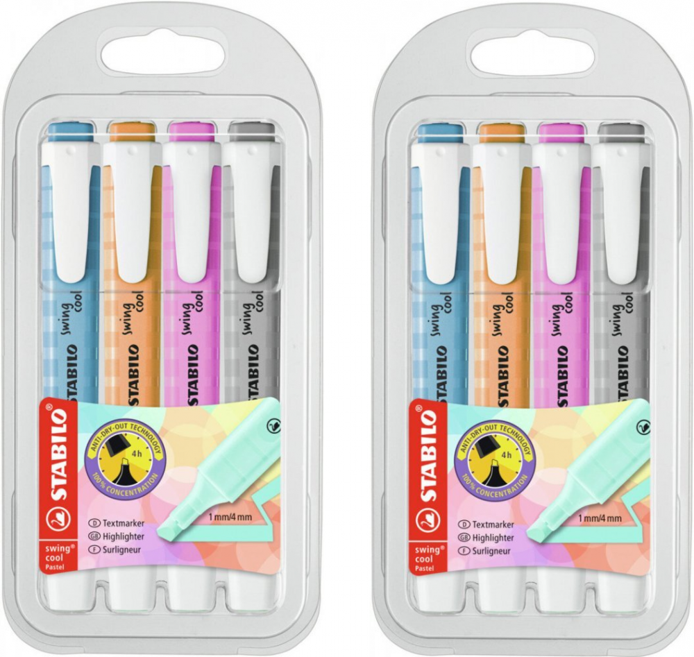 2x zakreślacz Stabilo Swing Cool Pastel, ścięta, etui, 4 sztuki, mix kolorów pastelowych