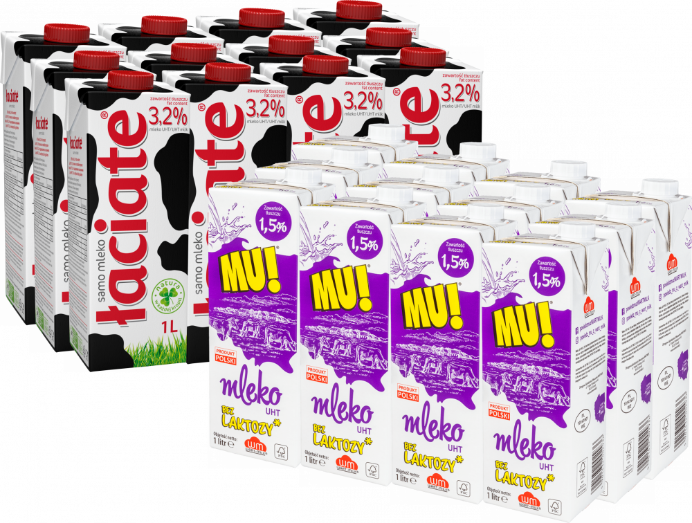 Zestaw: 12x Mleko UHT Wart-Milk MU!, bez laktozy, 1.5%, 1l + 12x Mleko UHT Łaciate, 3.2%, 1l