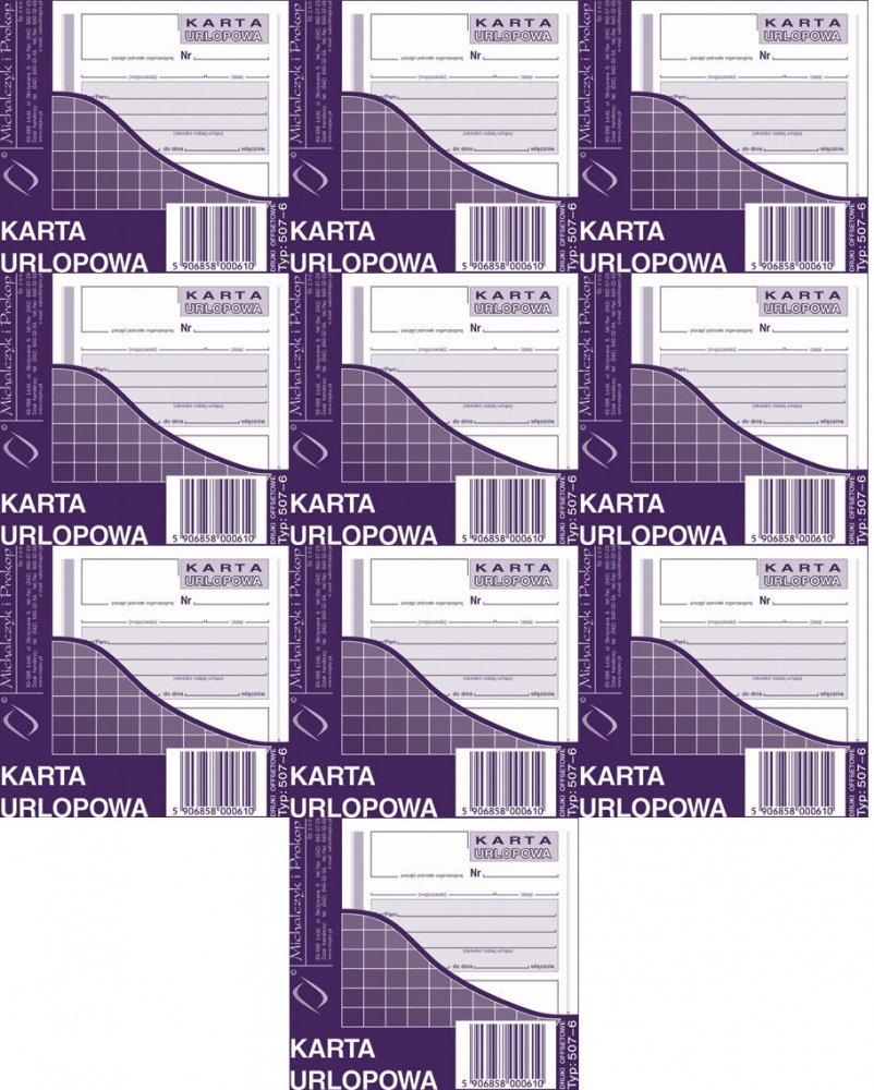 10x Druk akcydensowy Karta urlopowa MiP 507-6, 2/3 A6, offsetowy, 40k