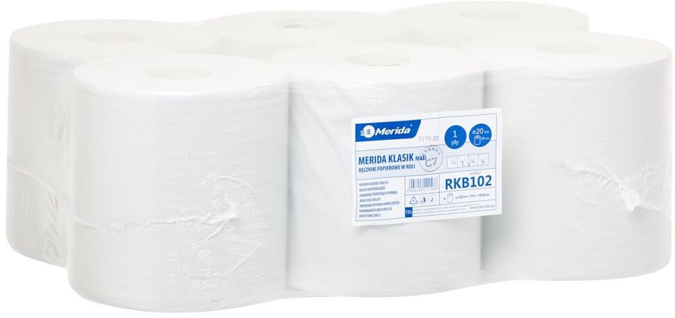 6x ręcznik papierowy Merida, 1-warstwowy, 320m, w roli, 1 rolka, biały