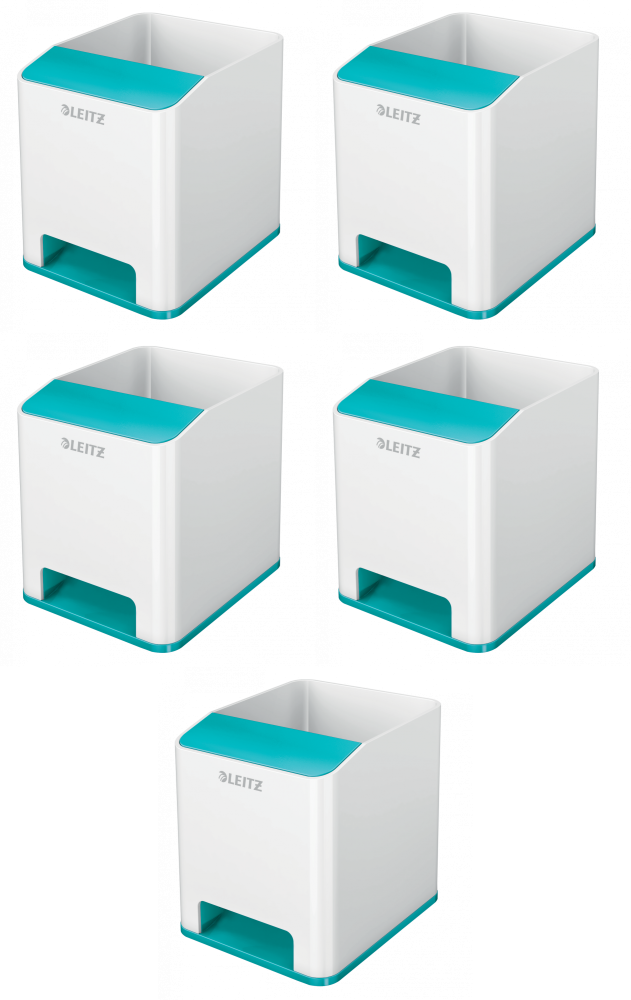 5x Kubek na długopisy Leitz Wow, ze wzmacniaczem dźwięku, 90x100x101mm, dwukolorowy, biało-turkusowy