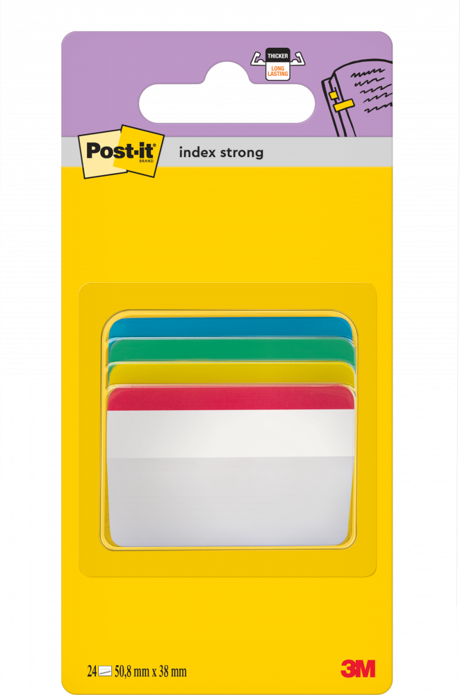 Zakładki samoprzylepne Post-it wygięte, indeksujące, silne, folia, transparentne, 50.8x38.1mm, 4x6 sztuk, mix kolorów