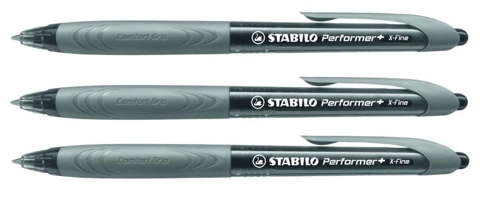 3x długopis automatyczny Stabilo Performer+ X-Fine, obudowa kolor szary, tusz czarny