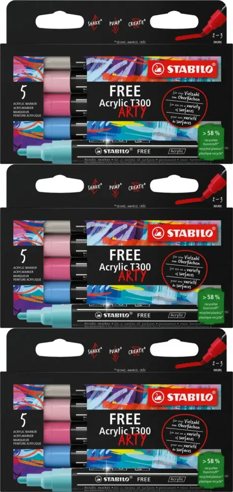 3x Pisak akrylowy Stabilo Free Acrylic T300 692/5 Candy Set, okrągła, 2-3mm, 5 sztuk, mix kolorów