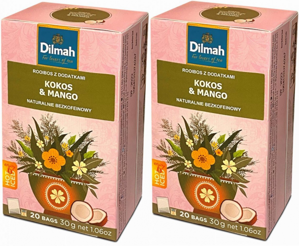 2x Herbata Rooibos w torebkach Dilmah Coconut & Mango, kokos i mango, 20 sztuk x 1.5g