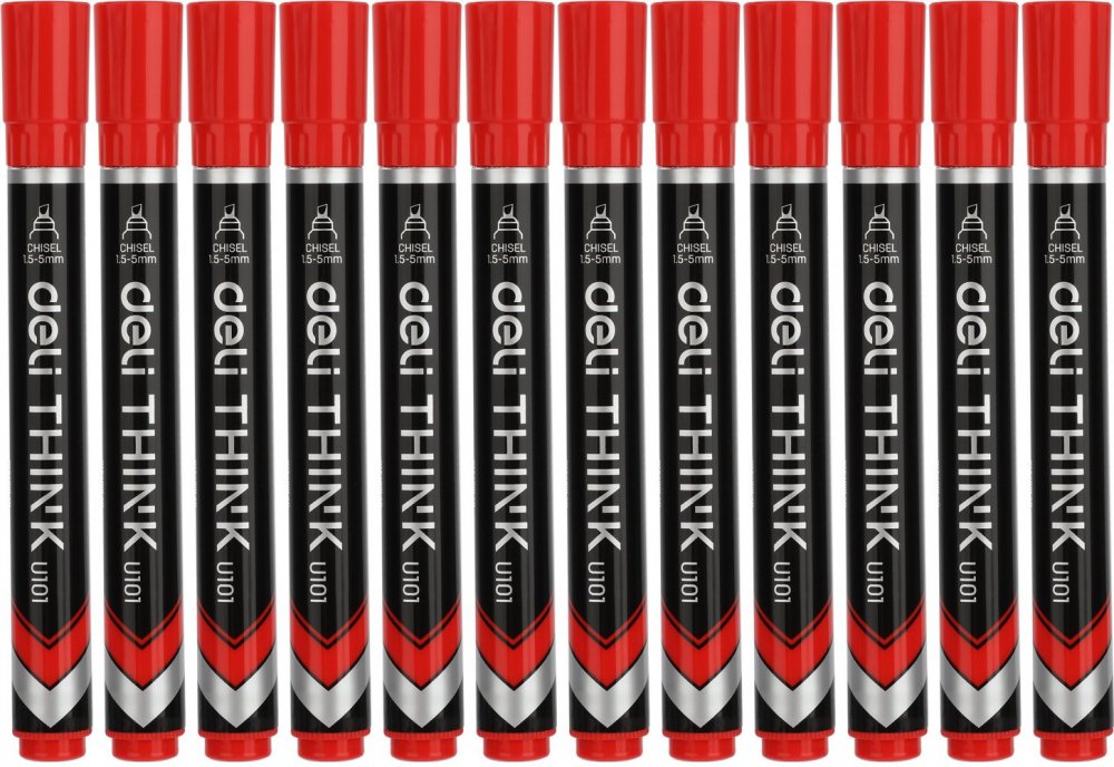 12x Marker permanentny Deli Think U101, ścięta, 1.5-5mm, czerwony
