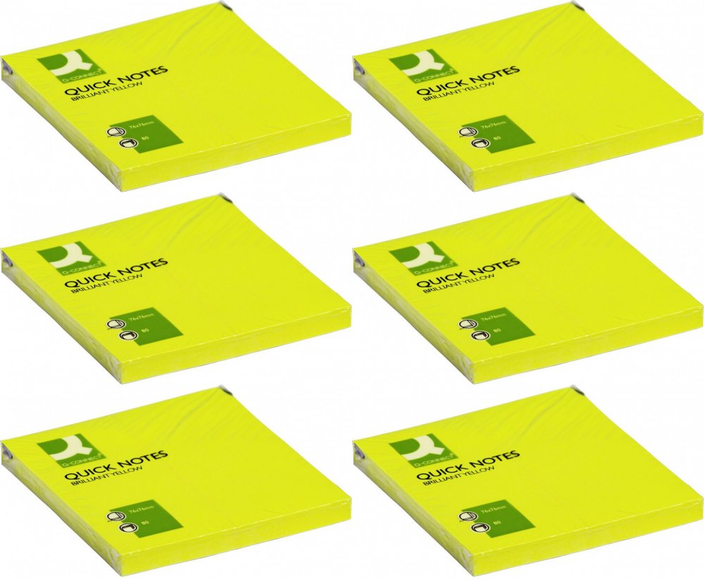 6x Karteczki samoprzylepne Q-connect Brilliant, 76x76mm, 80 karteczek, żółty neonowy