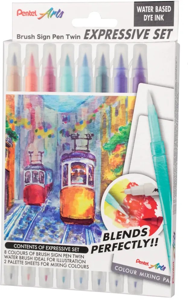 Pisaki pędzelkowe Pentel Brush Sign Pen Twin Expressive Set SESW30C-SET Landscape, dwustronne, 8 sztuk, mix kolorów