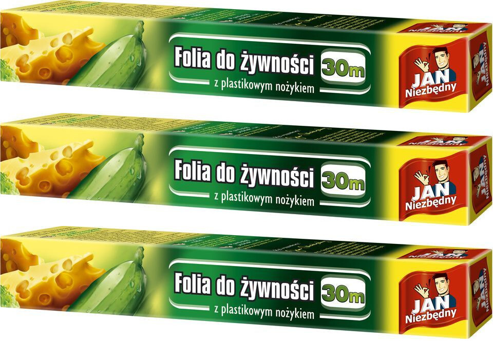 3x Folia do żywności Jan Niezbędny, pudełko z plastikowym nożykiem, 0.29 x 30m