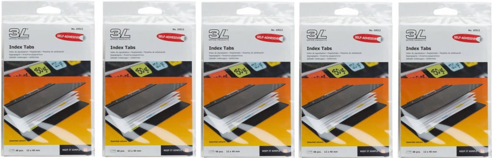 5x Zakładki samoprzylepne 3L, indeksujące, jednostronne, papier, 12x40 mm, 48 sztuk, mix kolorów