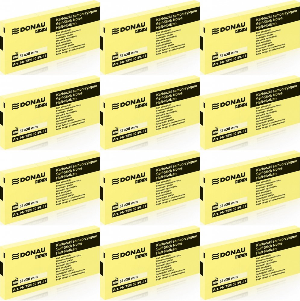 12x Karteczki samoprzylepne Donau Eco, 38x51mm, 3x 100 karteczek, jasnożółty