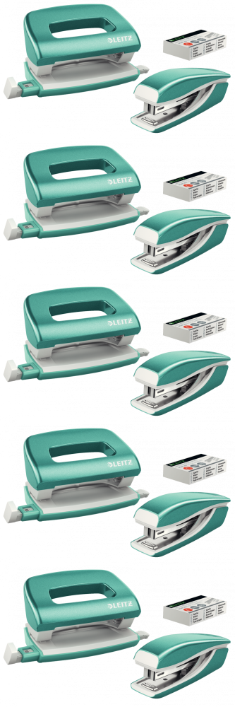 5x Zestaw zszywacz i dziurkacz Leitz Mini NeXXt Wow, metalowy, turkusowy