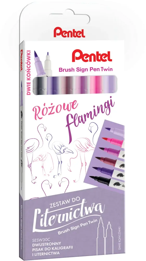 Pisaki do kaligrafii i liternictwa Pentel Brush Sign Pen Twin SESW30C Różowe Flamingi, dwustronne, 6 sztuk, mix kolorów