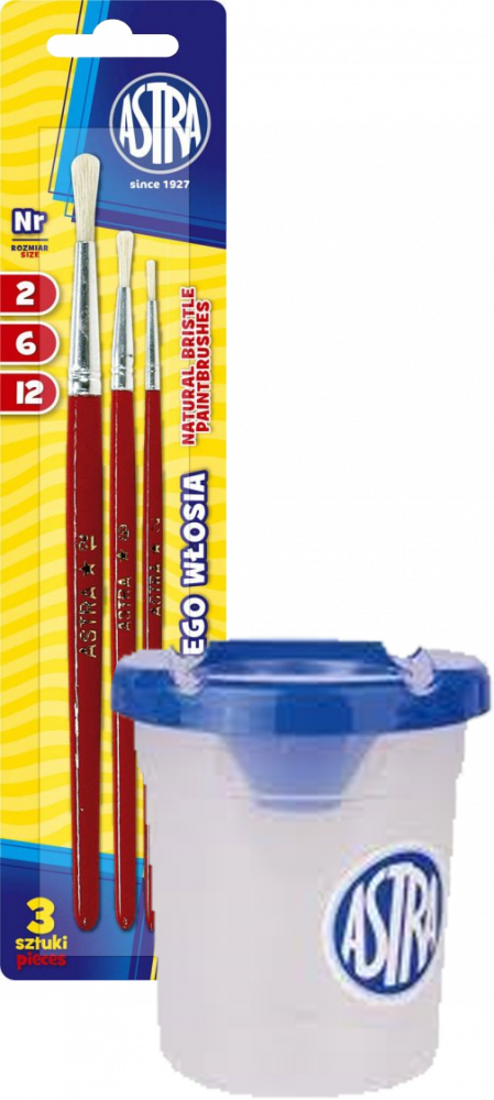 Zestaw: Kubek do wody Astrino, z blokadą wylania, mix kolorów + Zestaw pędzli Astra, z naturalnego włosia, rozmiar 2/6/12, 3 sztuki