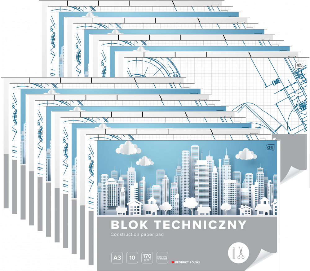 50x Blok techniczny Interdruk, A3, 10 kartek, biały