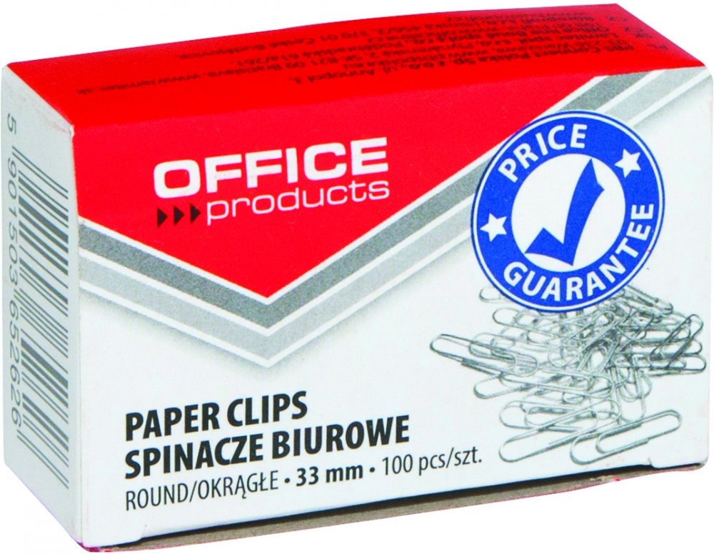 Spinacz Office Products, okrągły, 33mm, 100 sztuk, srebrny