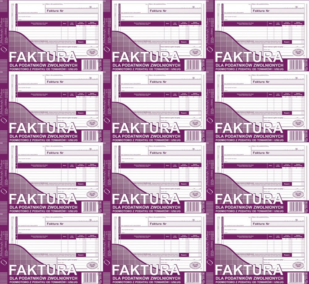 12x Faktura dla podatników zwol.podmiotowo z podatku od towarów i usług MiP 203-3E, A5, samokopiujący, 80k