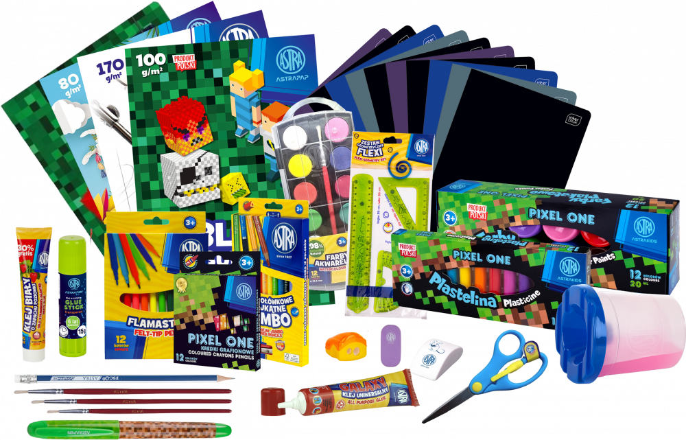Zestaw: Wyprawka szkolna Astra Pixel One (XL), 27 elementów + 10x Zeszyt w kratkę Interdruk UV One Color, A5, 60 kartek, mix kolorów