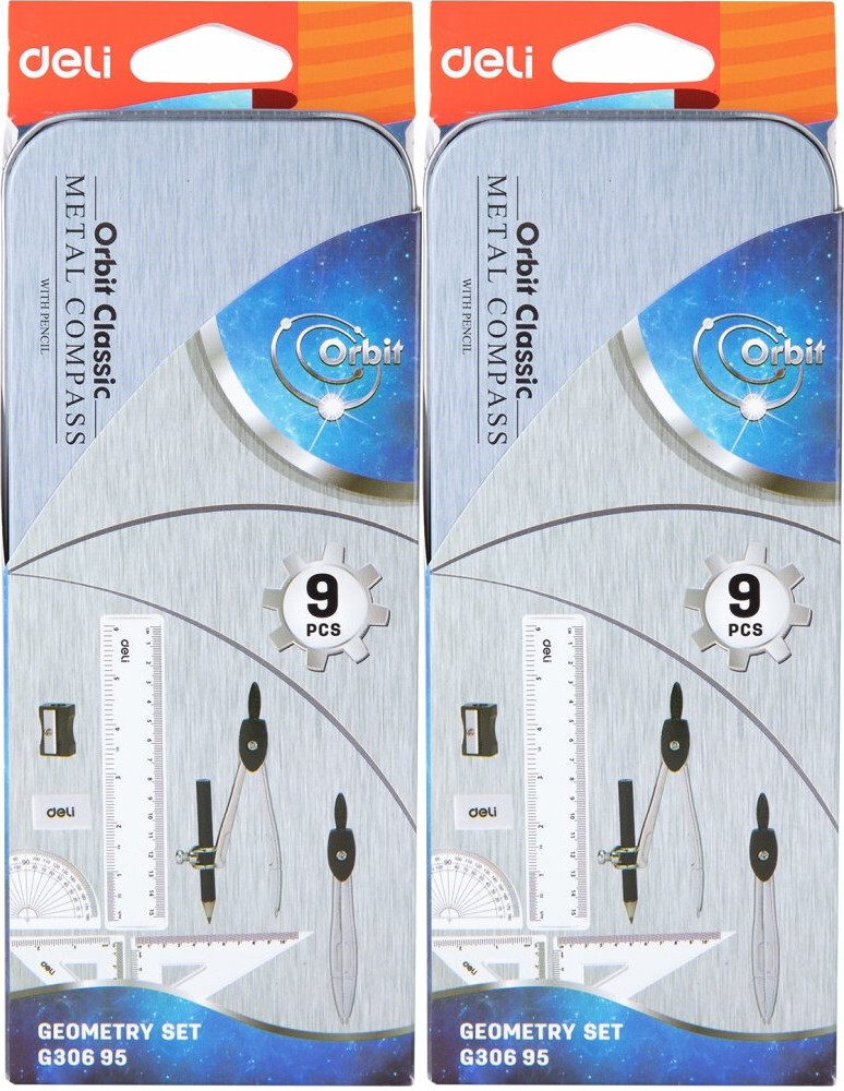 2x Zestaw geometryczny Deli Orbit, 9 elementów, w metalowym etui