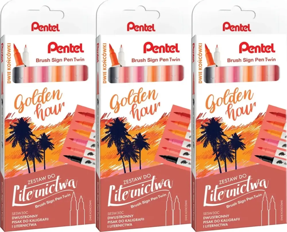 3x Pisaki do kaligrafii i liternictwa Pentel Brush Sign Pen Twin SESW30C Golden Hour, dwustronne, 6 sztuk, mix kolorów