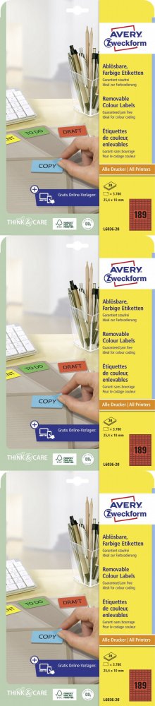 3x Etykiety usuwalne Avery Zweckform, 25.4x10mm, 20 arkuszy, czerwony