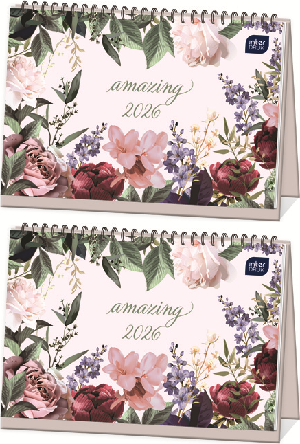 2x Kalendarz na biurko 2026, Interdruk, poziomy, 30x21cm, tygodniowy, Kwiaty