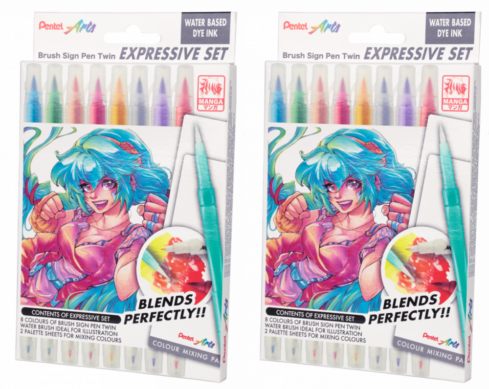 2x Pisaki pędzelkowe Pentel Brush Sign Pen Twin Expressive Set SESW30C-SET Manga, dwustronne, 8 sztuk, mix kolorów
