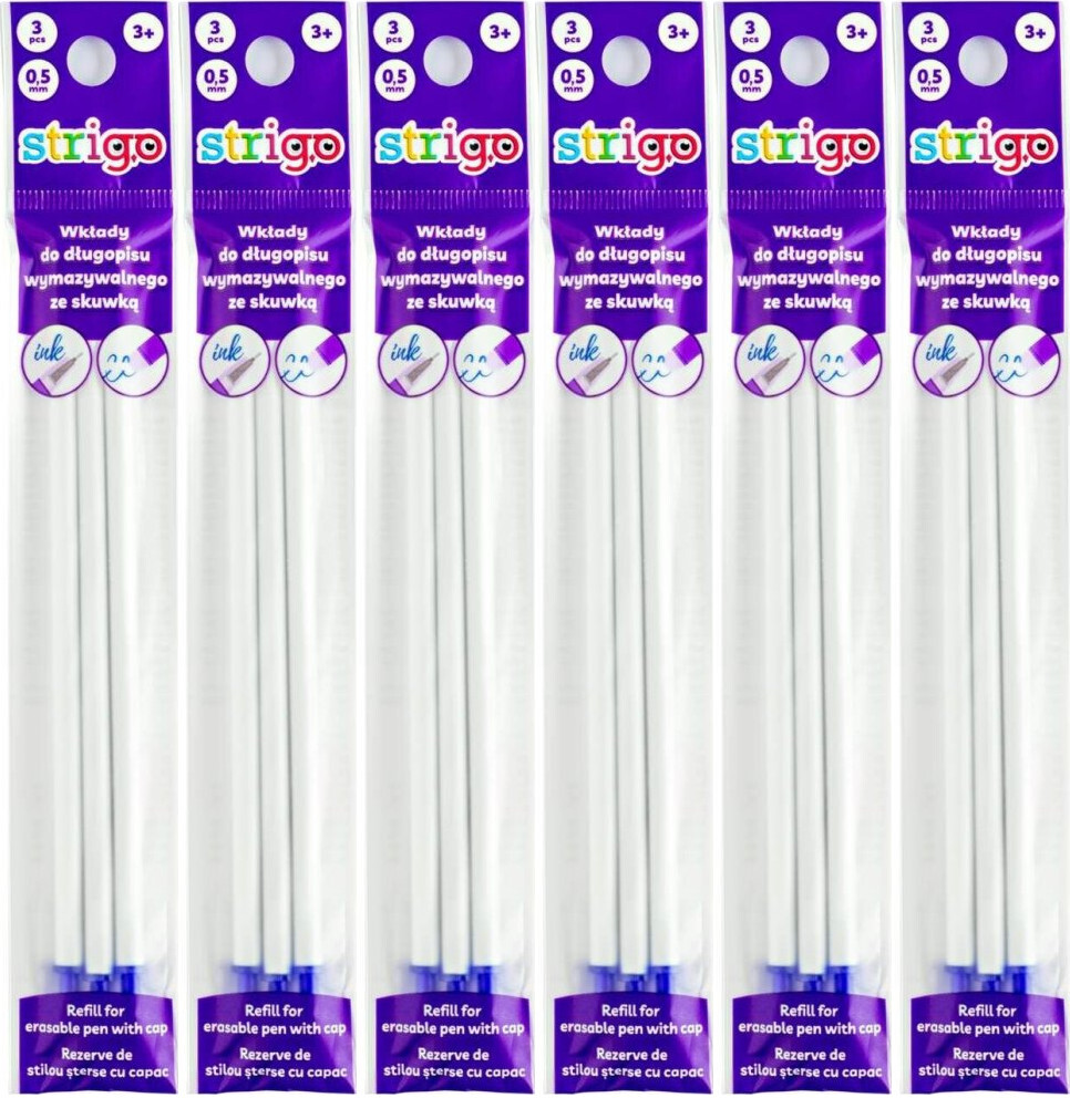 6x Wkład do długopisu wymazywalnego Strigo ze skuwką, 0.5mm, 3 sztuki, niebieski,