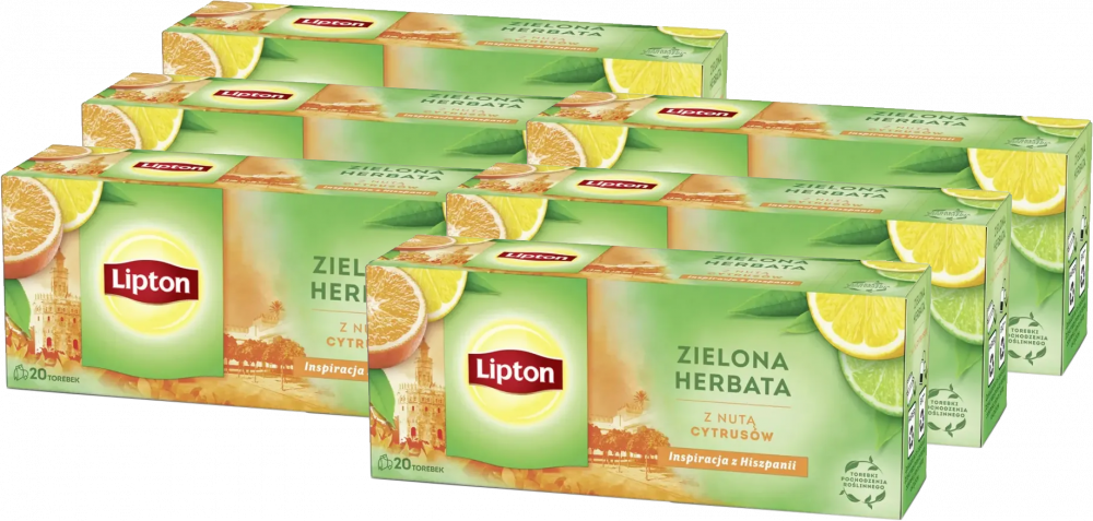 6x Herbata zielona smakowa w torebkach Lipton Green Tea Citrus, z nutą cytrusów, 20 sztuk x 1.3g