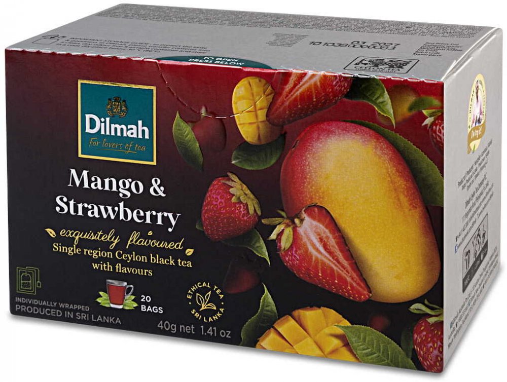 Herbata czarna aromatyzowana w kopertach Dilmah Mango & Strawberry, truskawki i mango, 20 sztuk x 2g