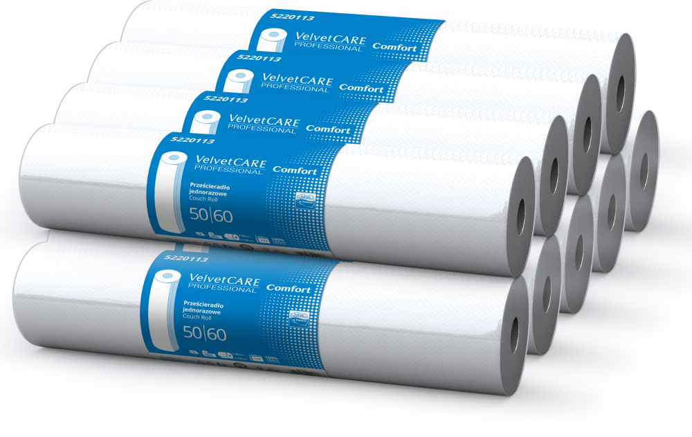 9x Prześcieradło papierowe VelvetCARE Professional, 2-warstwowe, 60cm x 50m, 1 rolka, biały