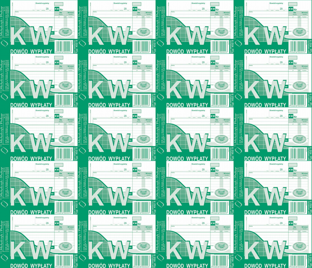 20x Druk akcydensowy KW Dowód wypłaty MiP 402-5, A6, wielokopia, 80k